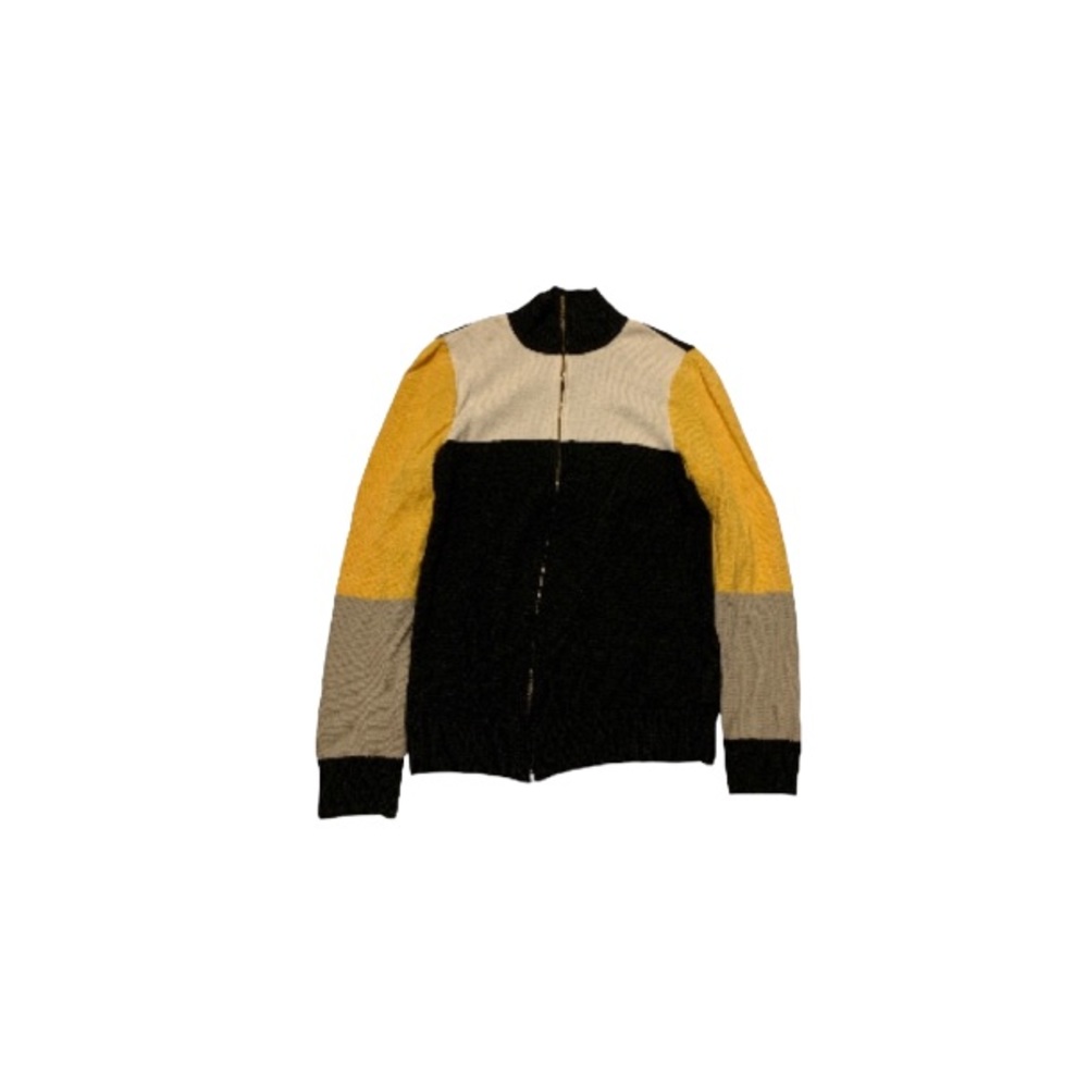 St. John Black, Cream, Yellow, and Taupe Colour Block Cardigan - Women’s Size P